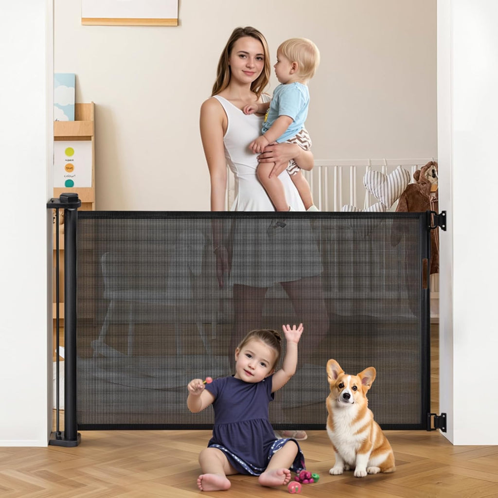 Extra-Wide Retractable Baby & Pet Gate - 31" Tall, Extends up to 71" Wide, Easy One-Hand Operation, Family Choice Award Winner, Safe for Kids & Pets, Indoor & Outdoor, Black