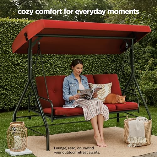 Burgundy 3-Seat Porch Swing with Canopy and Cushions O874281