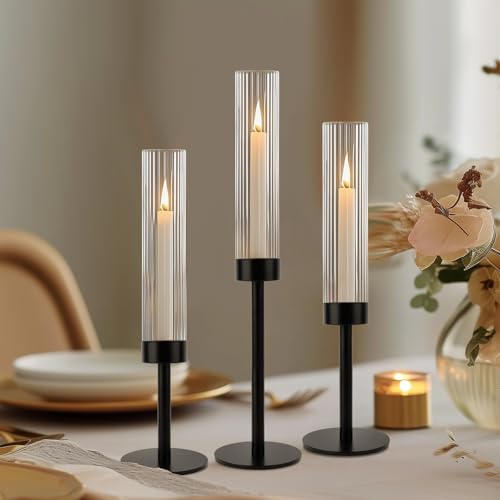Black Hurricane Candle Holders Set of 6 Glass Taper Candlestick Holders G494