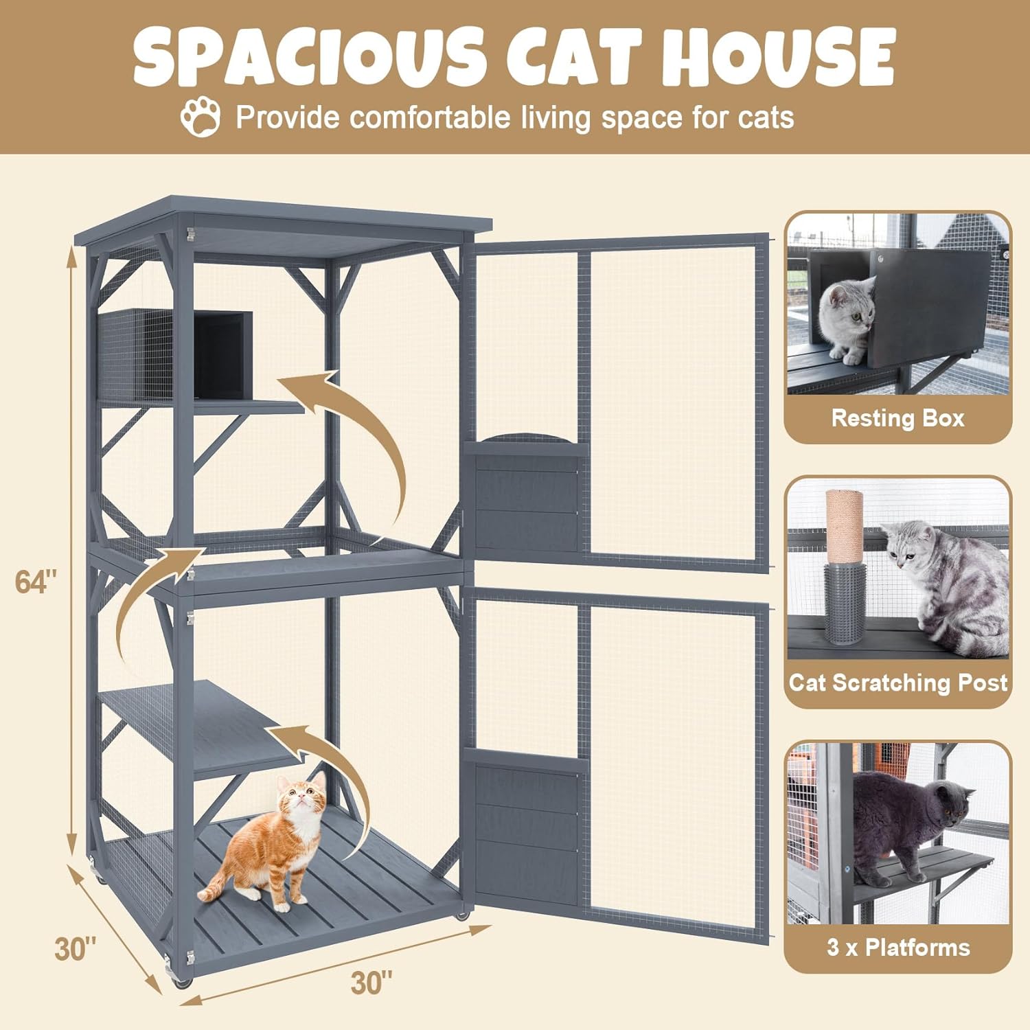 Wooden Catio Outdoor Cat House with Run on Wheels for Multiple Cats Y34890