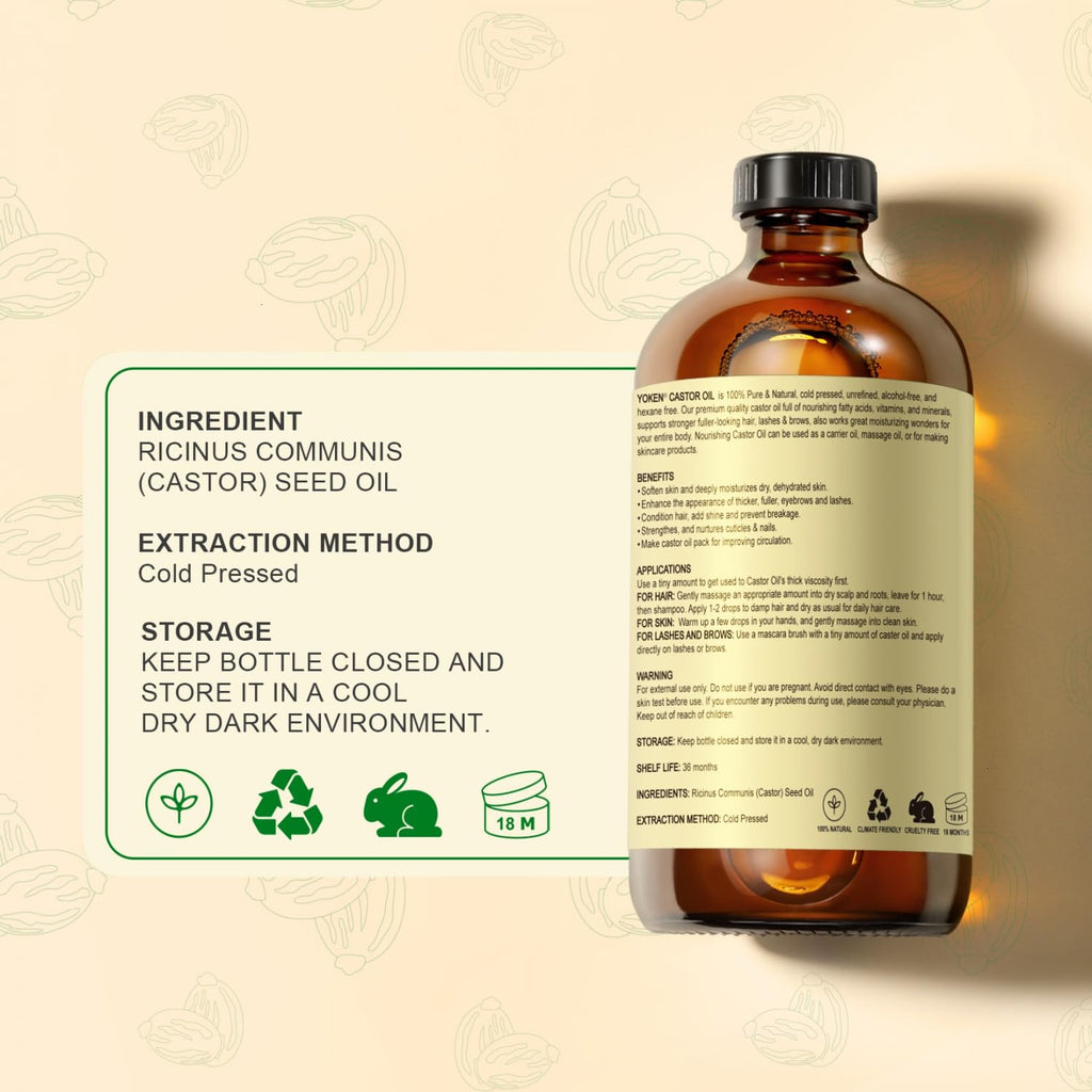 Yoken Pure Castor Oil Glass Bottle 16 fl oz for Face, Body, Hair U780559