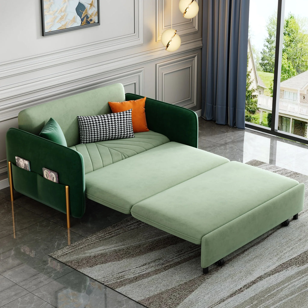 Green Velvet Convertible Sofa Bed Sleeper with Pullout Bed S663779