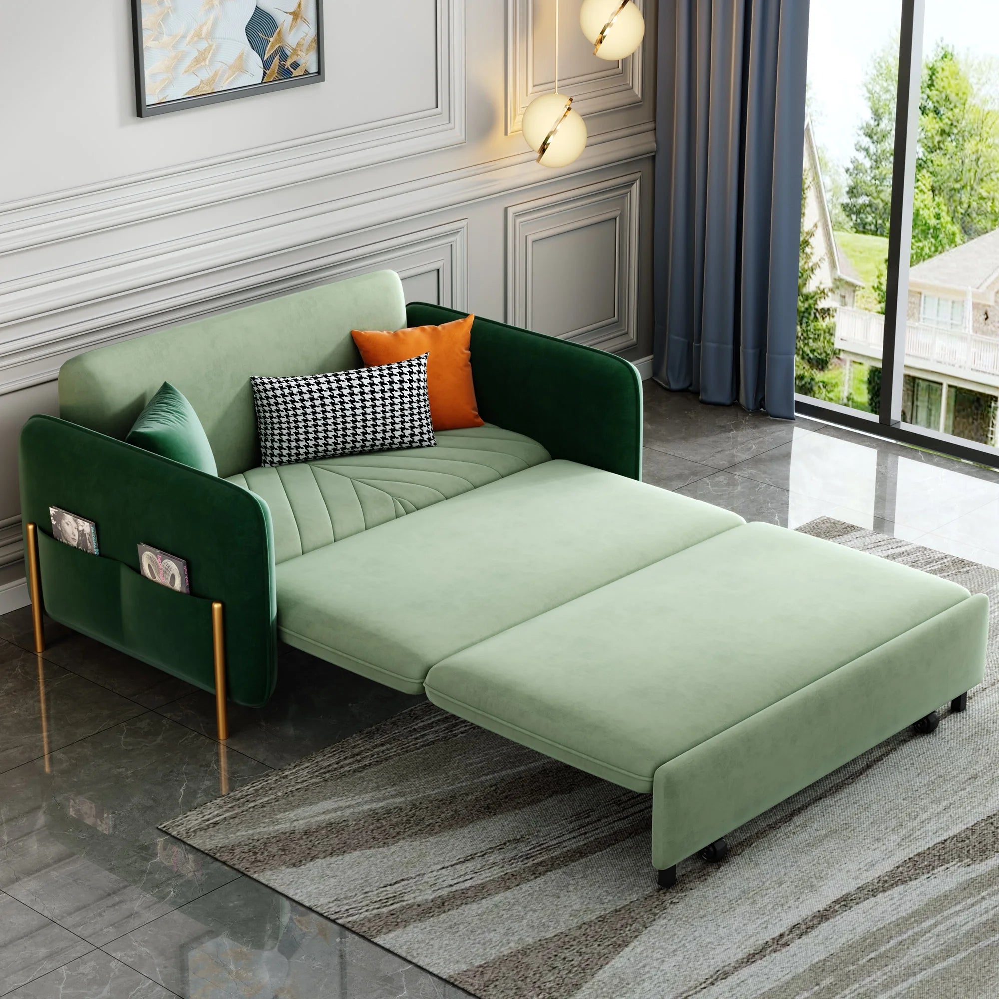 Green Velvet Convertible Sofa Bed Sleeper with Pullout Bed S663779