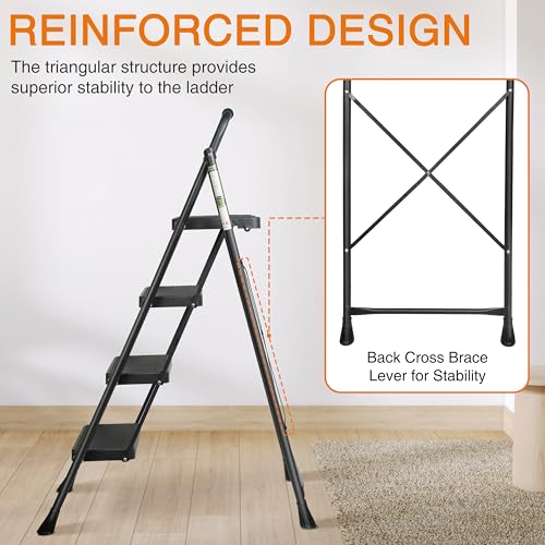 3 Step Ladder, Portable Steel Folding Stool with Anti-Slip Pedal, Black T5115