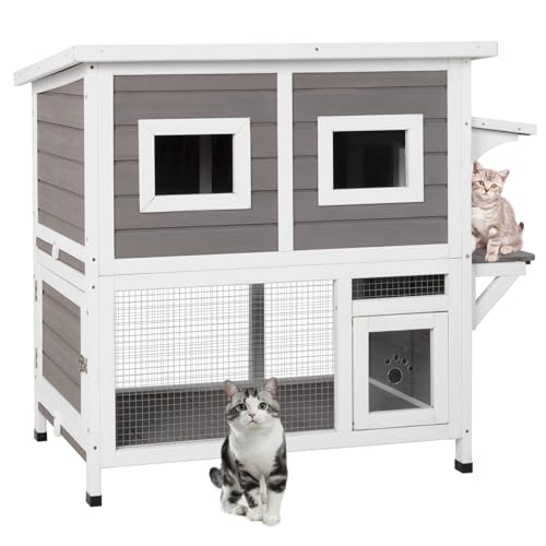 Outdoor Cat House Weatherproof - Two Story Wooden Cat Shelter Outside Feral Cat House with Climbing Ladder, Rain Curtain, Escape Door