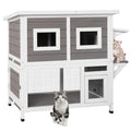 Outdoor Cat House Weatherproof - Two Story Wooden Cat Shelter Outside Feral Cat House with Climbing Ladder, Rain Curtain, Escape Door
