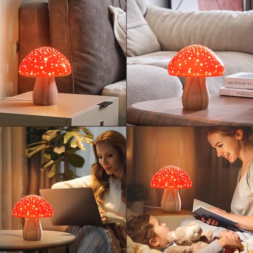 BOHON Mushroom Lamp, Ceramic Bedside Nightstand Light, Pink, LED Bulb Included T88188