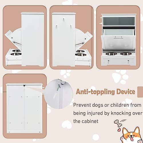 Dog Feeding Station with 2 Raised Bowls and Food Storage, White W326