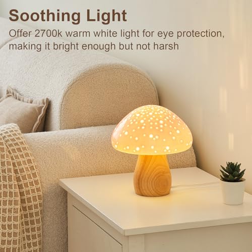 BOHON Mushroom Lamp, Ceramic Bedside Nightstand Light, Pink, LED Bulb Included T88188