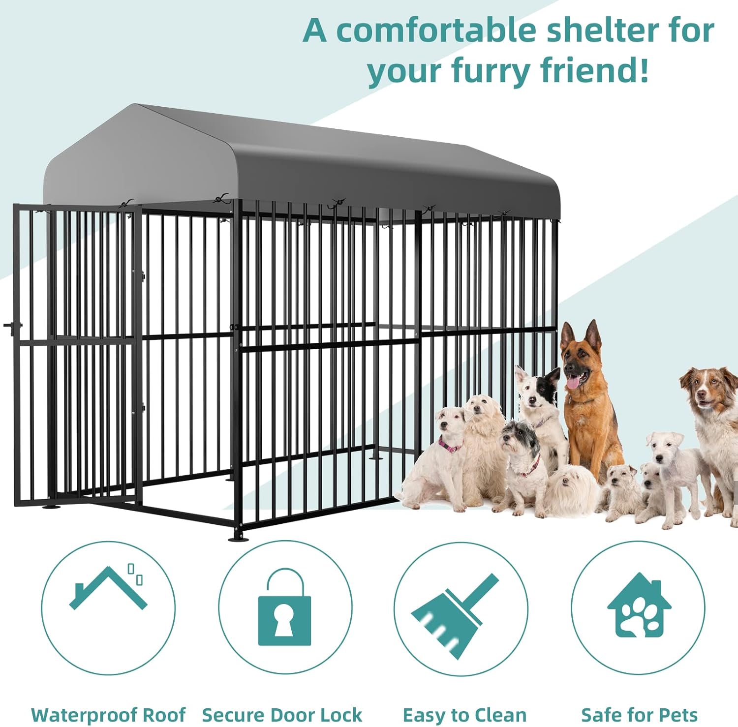 MEETWARM Large Outdoor Dog Kennel, Heavy Duty Metal Pet Playpen with Waterproof Cover T636