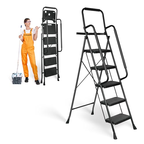 3 Step Ladder, Portable Steel Folding Stool with Anti-Slip Pedal, Black T5115