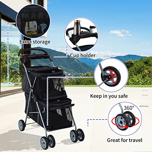 Pets Double Pet Stroller 4 Wheel Folding Dog Cat Travel Carrier, Pink P620297