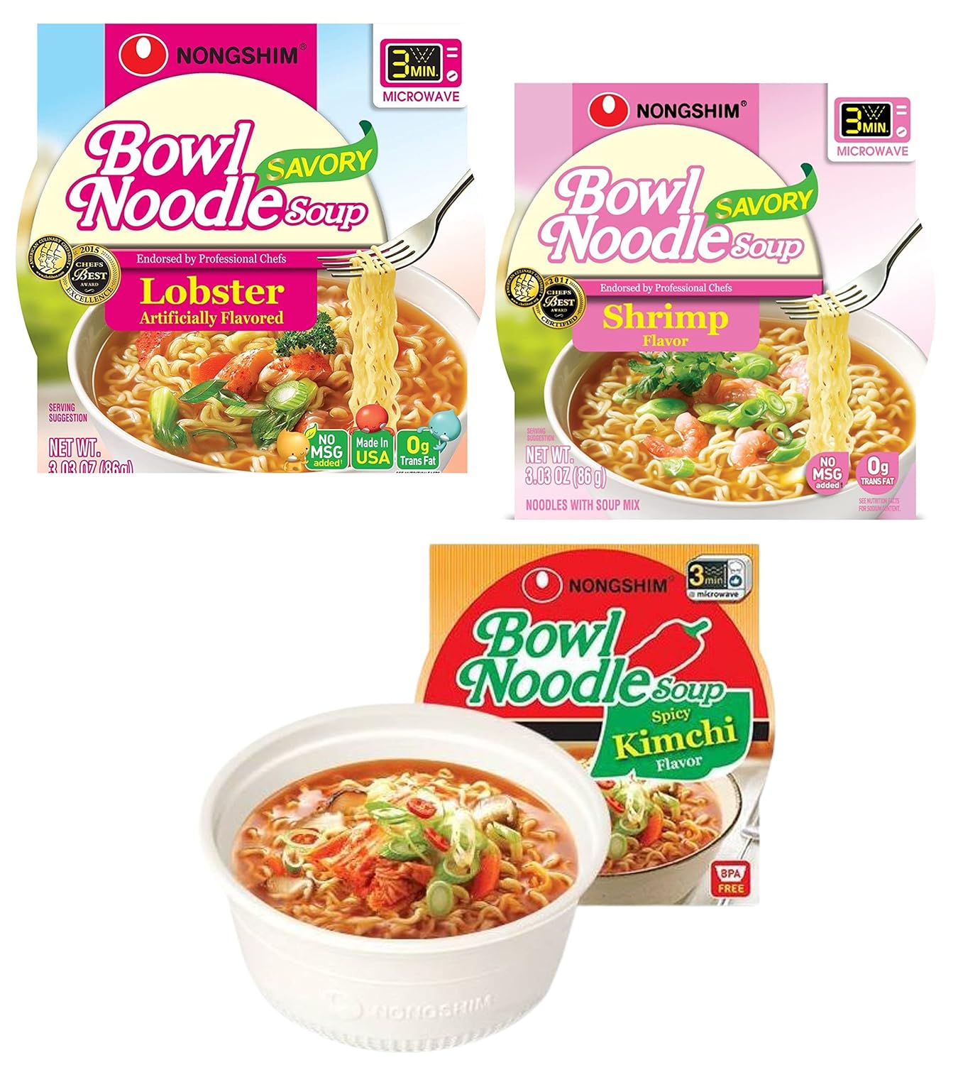 Nongshim Bowl Noodle Soup - LOBSTER, SHRIMP, SPICY KIMCHI Flavor (Pack Of 3 x 3.03 Oz) Microwavable Noodle Bowl Noodle Soup