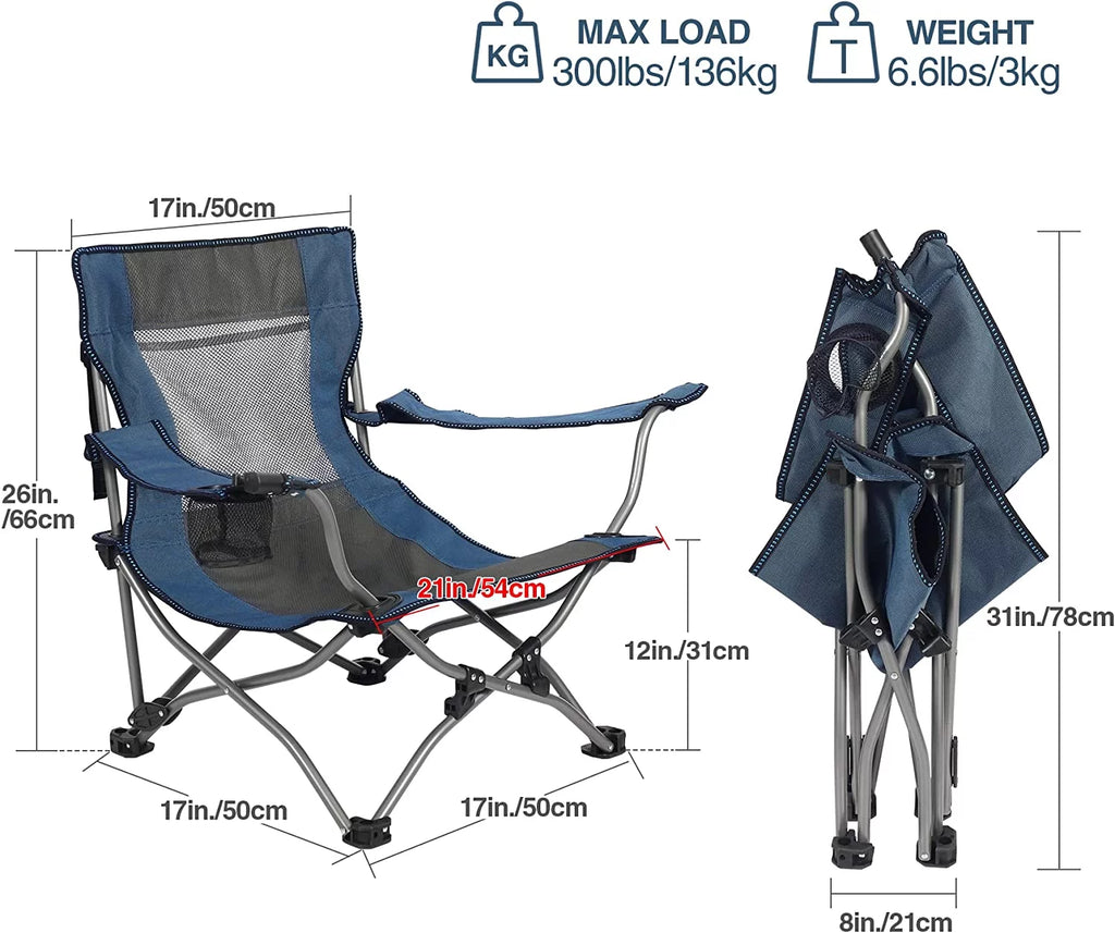 REDCAMP Low Beach Chair with Adjustable Backrest and Cup Holder, Portable Camping Chair, Navy Z4704