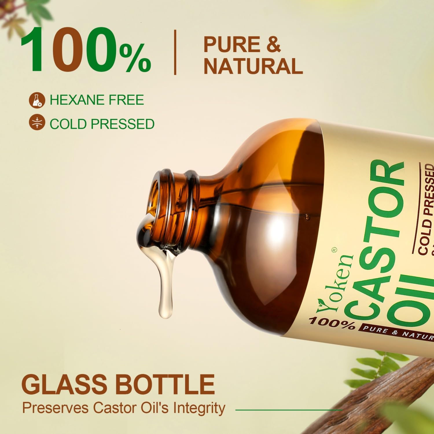 Yoken Pure Castor Oil Glass Bottle 16 fl oz for Face, Body, Hair U780559