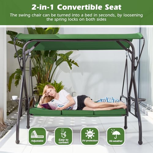 800LBS Patio Swing with Canopy 3 Seat Outdoor Porch Swing with Stand, Cup Holder & Pillow (Green) O887