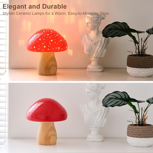 BOHON Mushroom Lamp, Ceramic Bedside Nightstand Light, Pink, LED Bulb Included T88188