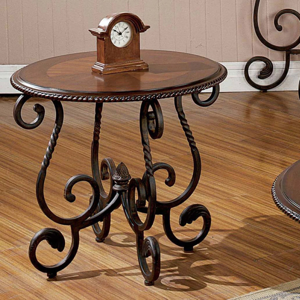Steve Silver Crowley Round Wood and Metal End Table, Cherry J3081