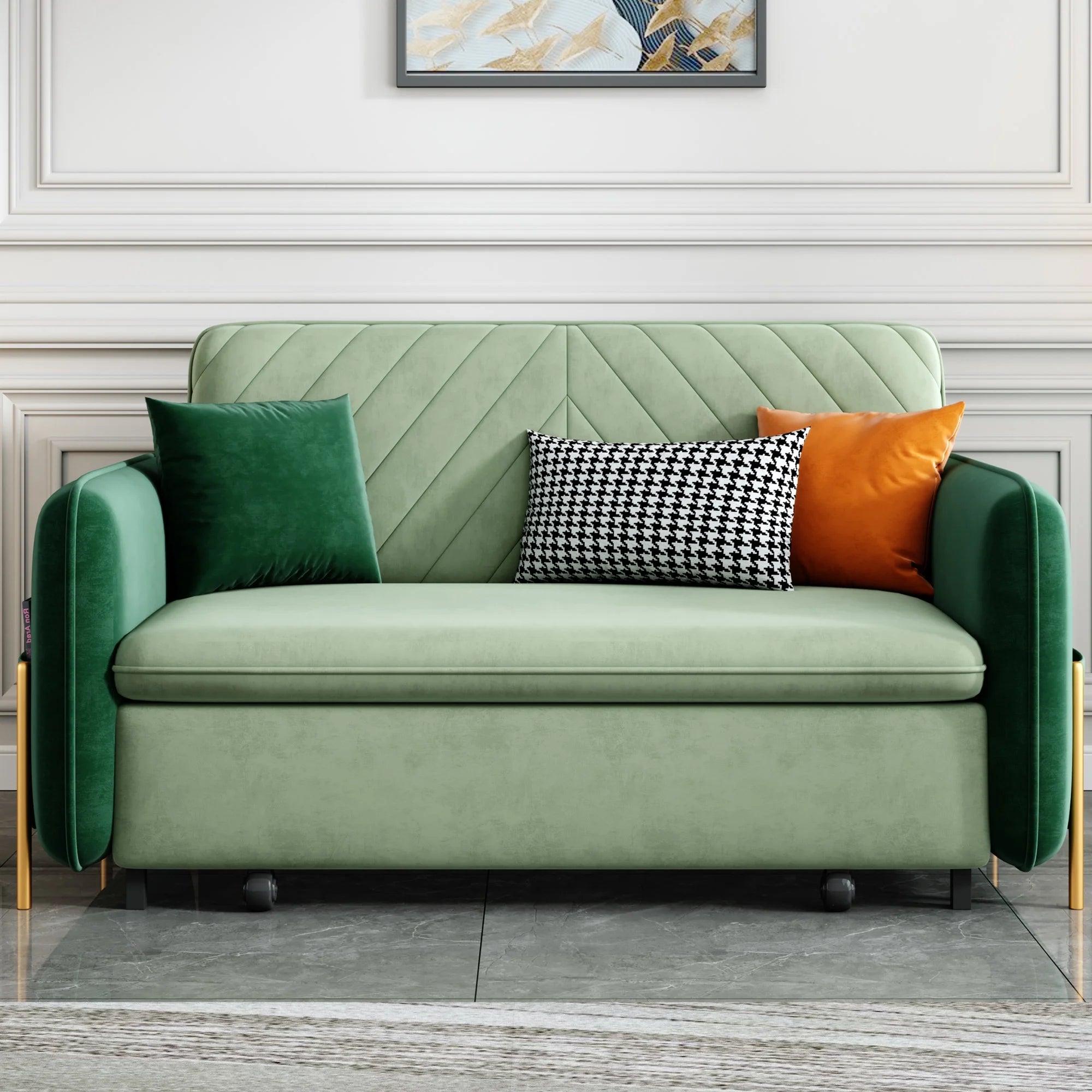 Green Velvet Convertible Sofa Bed Sleeper with Pullout Bed S663779