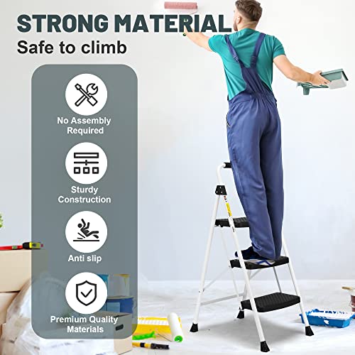 SocTone 3 Step Ladder, Folding Step Stool for Adults with Handle, 500lbs Capacity, White H81610