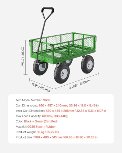 VEVOR 900 Lbs Heavy Duty Steel Garden Cart with 10" Tires and Removable Sides J262