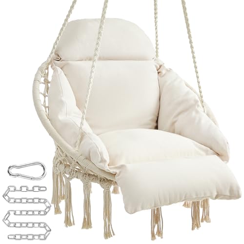 SONGMICS Hanging Chair with Large Thick Cushion, Boho Swing Chair, Cream White C225966