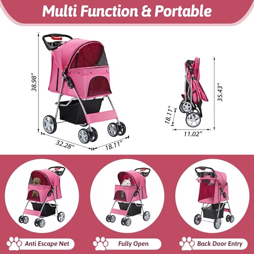 Pet Stroller 4 Wheels Folding Dog Cat Carrier with Storage Basket, Purple Y61406