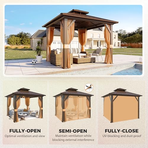 YOLENY 10' x 12' Hardtop Gazebo with Galvanized Steel Double Roof, Netting and Curtains Y84317