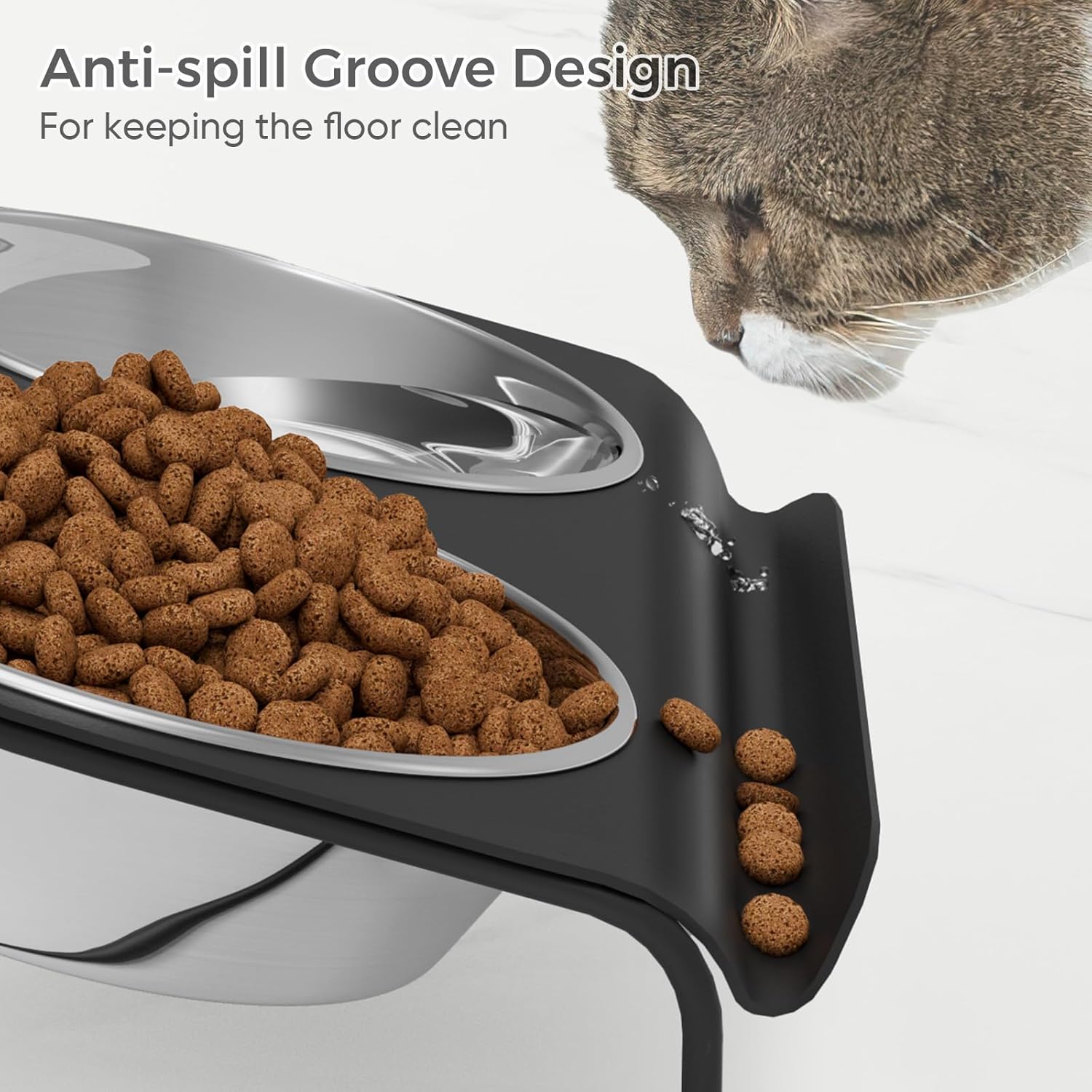 Raised Cat Food and Water Bowl Set with Stainless Steel Stand, 15° Tilted, Double Metal Bowls B6901