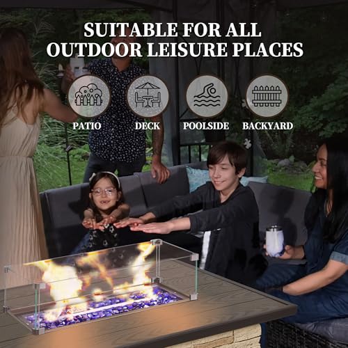 43" Propane Fire Pit Table Outdoor Rectangular Stone with Glass Wind Guard O259531