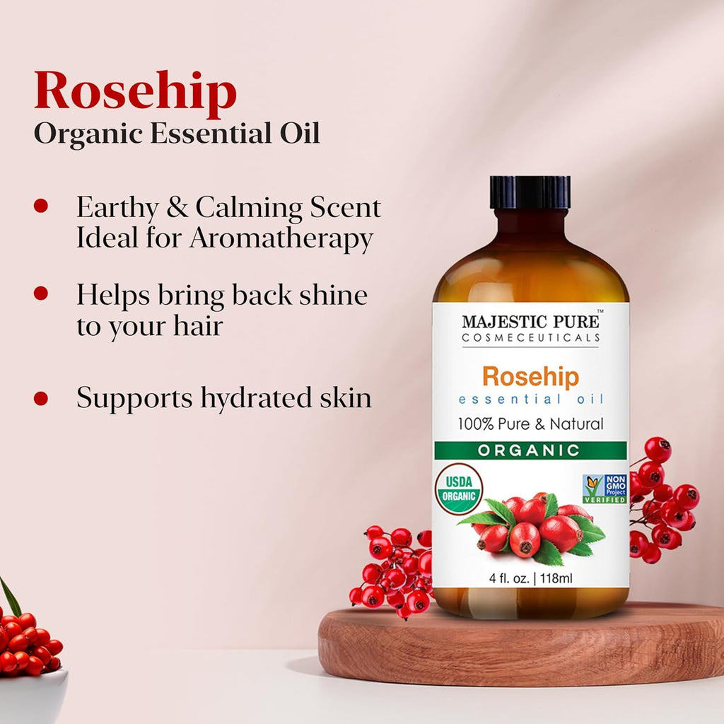 Majestic Pure Organic Rosehip Oil for Face, Skin, Hair & Massage, 4 fl oz N8278