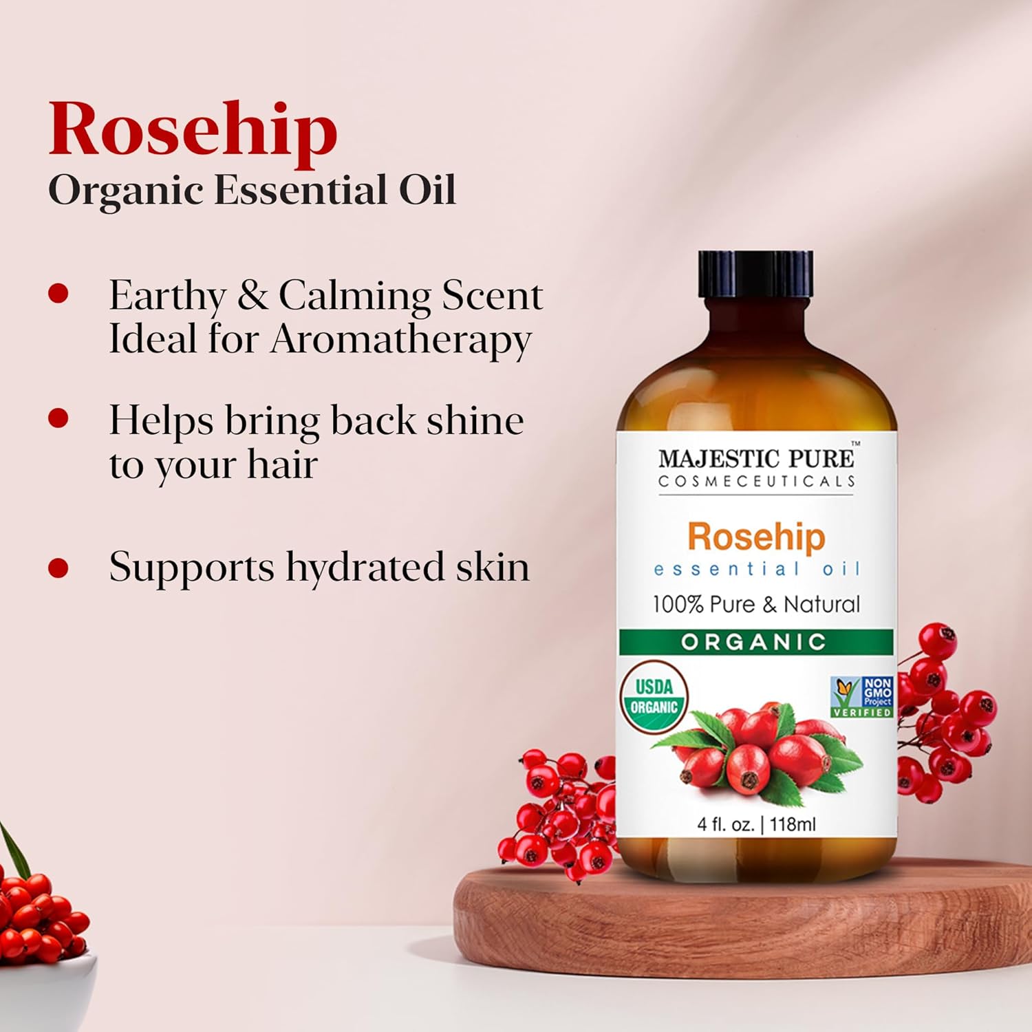 Majestic Pure Organic Rosehip Oil for Face, Skin, Hair & Massage, 4 fl oz N8278