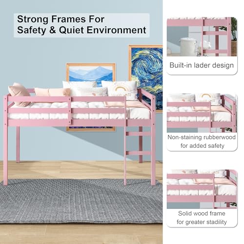 Twin Size Low Loft Bed with Ladder and Safety Guardrail, Solid Wood, White D5235