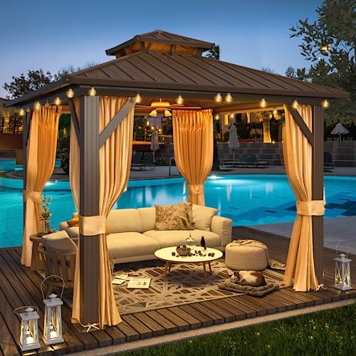 YOLENY 10' x 12' Hardtop Gazebo with Galvanized Steel Double Roof, Netting and Curtains Y84317