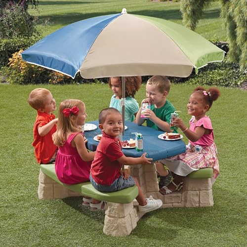 Step2 Naturally Playful Kids Picnic Table with Umbrella, Indoor/Outdoor, Blue & Green A12222