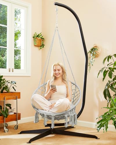 Greenstell Hammock Chair, Macrame Swing Chair with Cushion, Indoor & Outdoor, Beige G7957