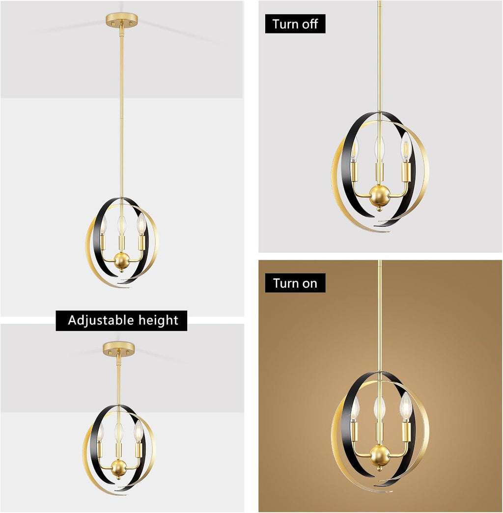 Black and Gold 3-Light Globe Pendant Chandelier for Dining Room D827