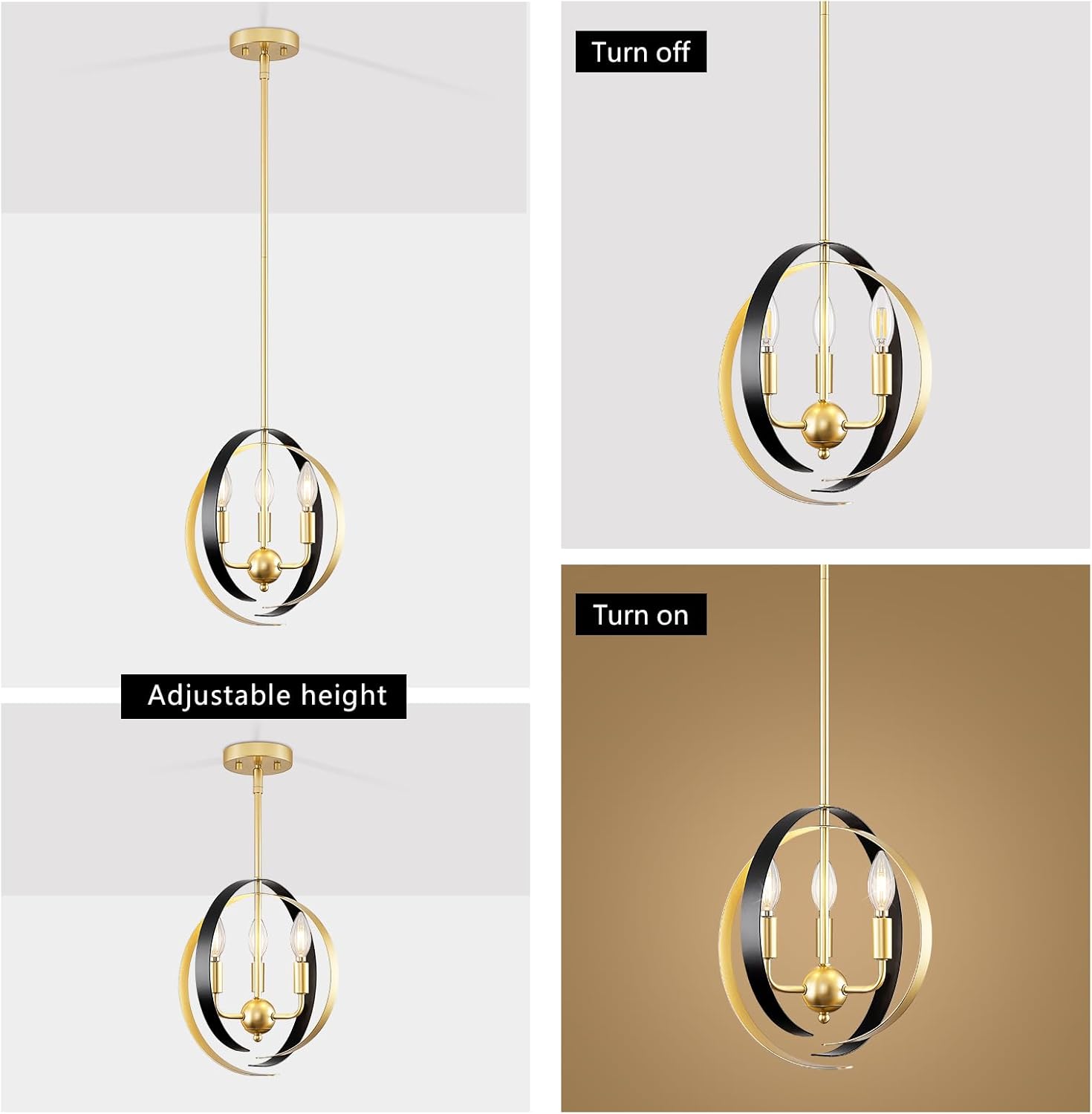 Black and Gold 3-Light Globe Pendant Chandelier for Dining Room D827