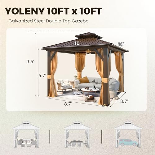YOLENY 10' x 12' Hardtop Gazebo with Galvanized Steel Double Roof, Netting and Curtains Y84317