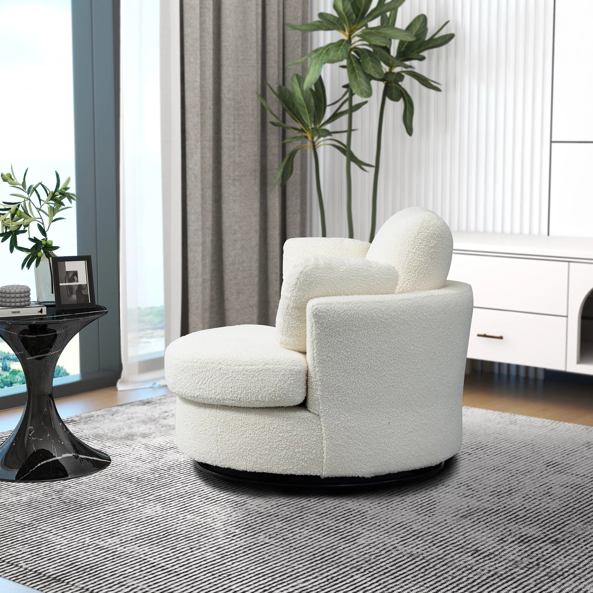 42.2"W Swivel Accent Barrel Chair and Half Sofa with 3 Pillows, Ivory Boucle P32898