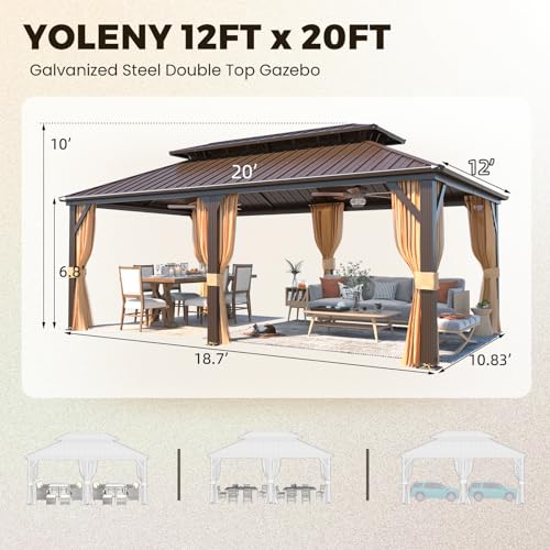 YOLENY 10' x 12' Hardtop Gazebo with Galvanized Steel Double Roof, Netting and Curtains Y84317