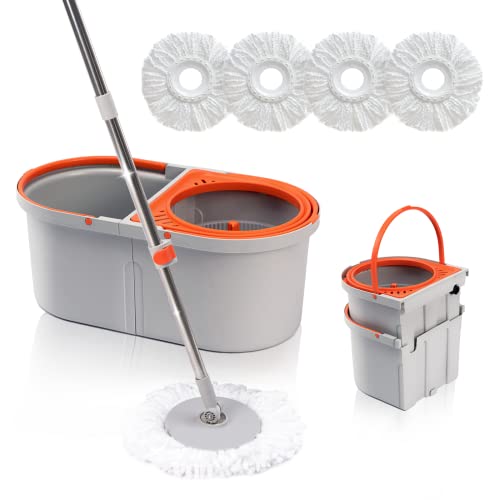 Spin Mop for Floor Cleaning with 4 Reusable Microfiber Mop Heads, 2 in 1 Mop and Bucket with Wringer Set, Wet Dust Mop for Hardwood, Laminate, Tile