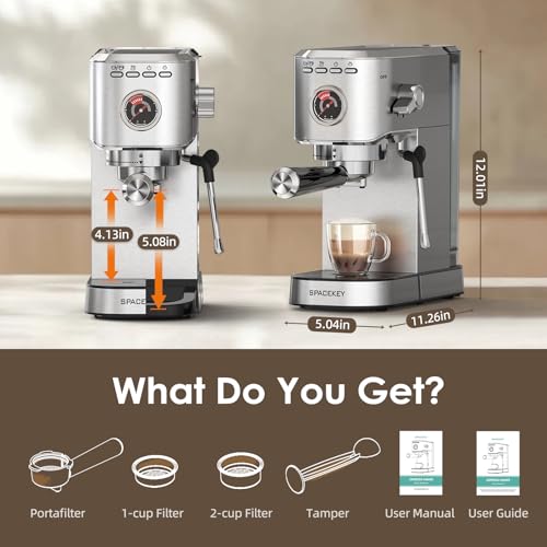Spacekey Espresso Machine 20 Bar, Stainless Steel with Milk Frother T968