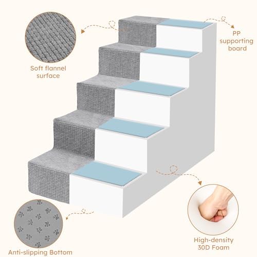 Heeyoo Dog Stairs for Small Dogs, 5-Step Foam Pet Steps for High Bed and Couch, Grey U471171