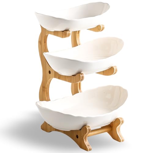 Fruit Bowl for Kitchen Counter - 3 Tier Ceramic Fruit Basket, Fruit Holder for Kitchen Countertop, Decorative Tiered Fruit Stand Organizer (White)