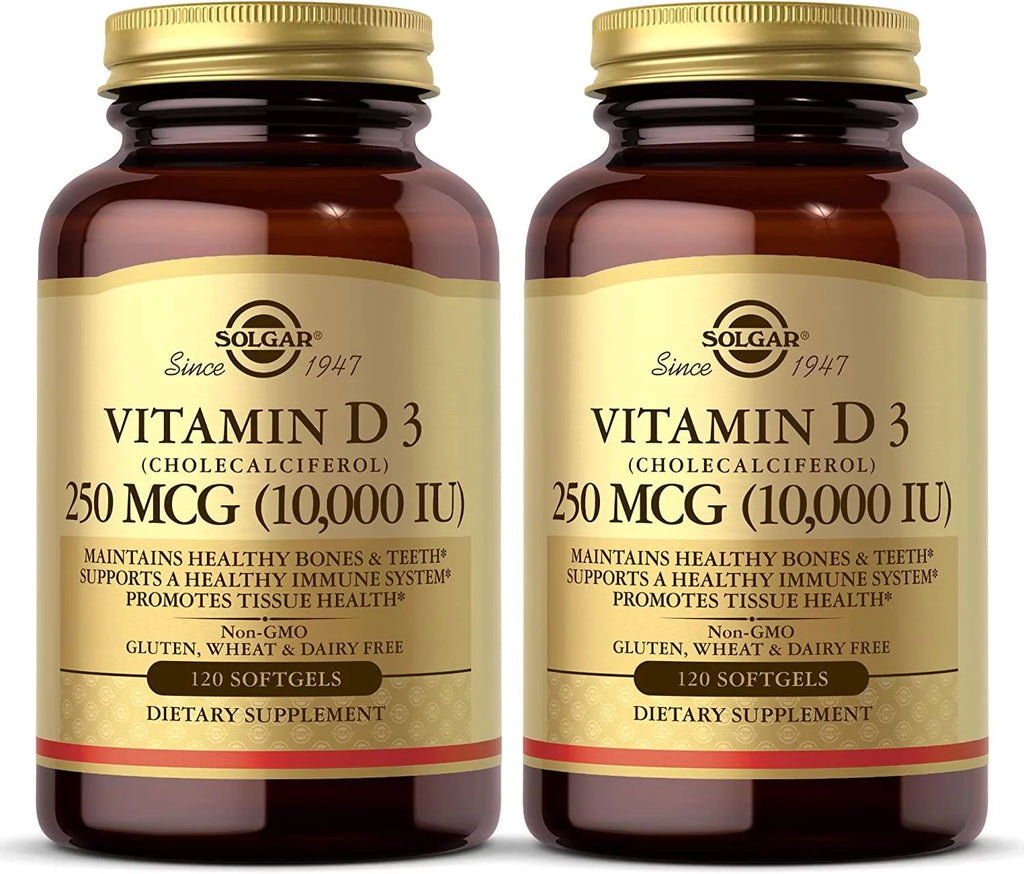Solgar Vitamin D3 Cholecalciferol 250 MCG 10,000 IU - Helps Maintain Healthy Bones & Teeth - Immune System Support - Non-GMO, Gluten Free, Dairy Free - 120 Servings, 120 Count Pack of 2