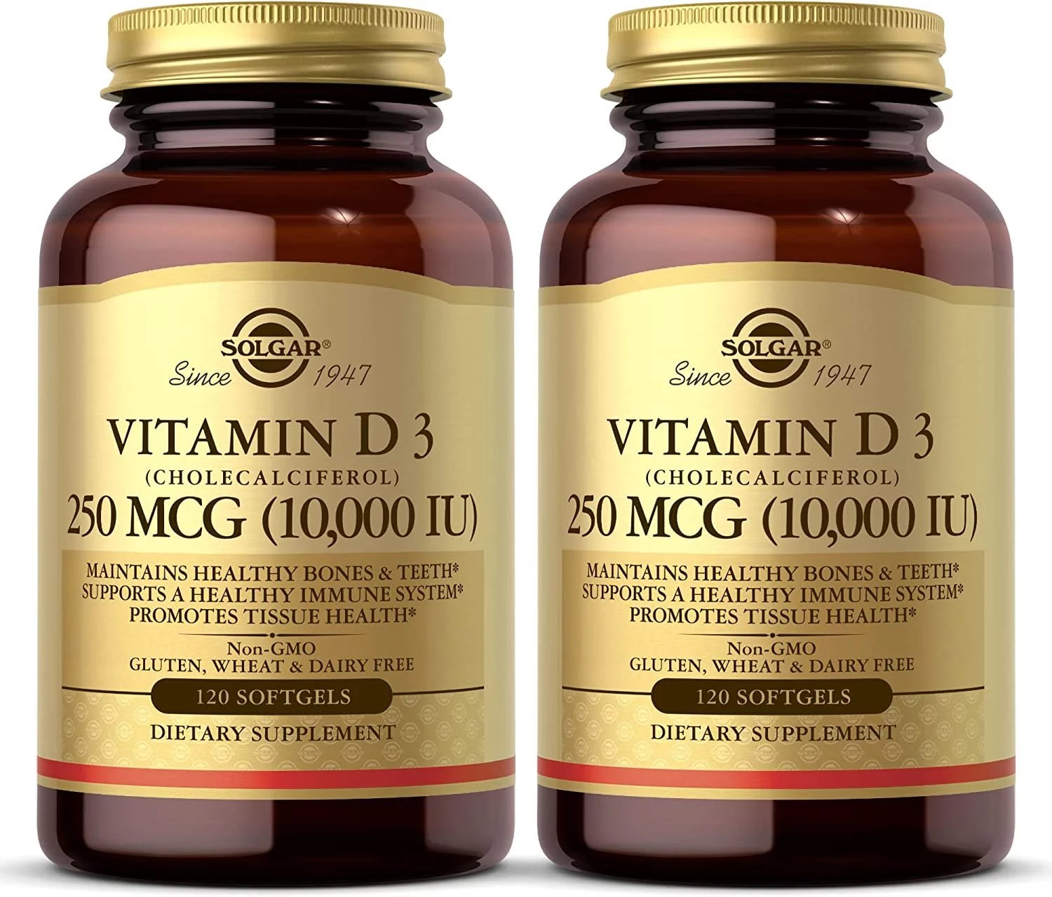 Solgar Vitamin D3 Cholecalciferol 250 MCG 10,000 IU - Helps Maintain Healthy Bones & Teeth - Immune System Support - Non-GMO, Gluten Free, Dairy Free - 120 Servings, 120 Count Pack of 2