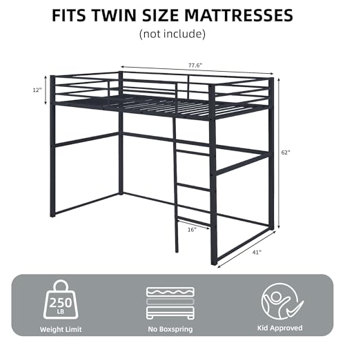 Metal Loft Bed Frame Twin Size with Safety Guard Rails & Built-in Ladder, Black C7852