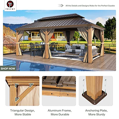 YOLENY 10' x 12' Hardtop Gazebo with Galvanized Steel Double Roof, Netting and Curtains Y84317
