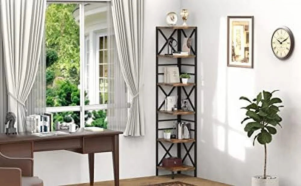 HOOMHIBIU Corner Bookshelf 6-Tier Farmhouse Bookcase, Rustic Brown J349